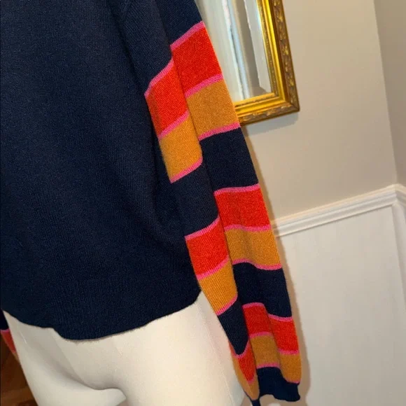 27 Miles navy 100% cashmere sweater with multicolored striped sleeves. Large - Picture 3 of 12